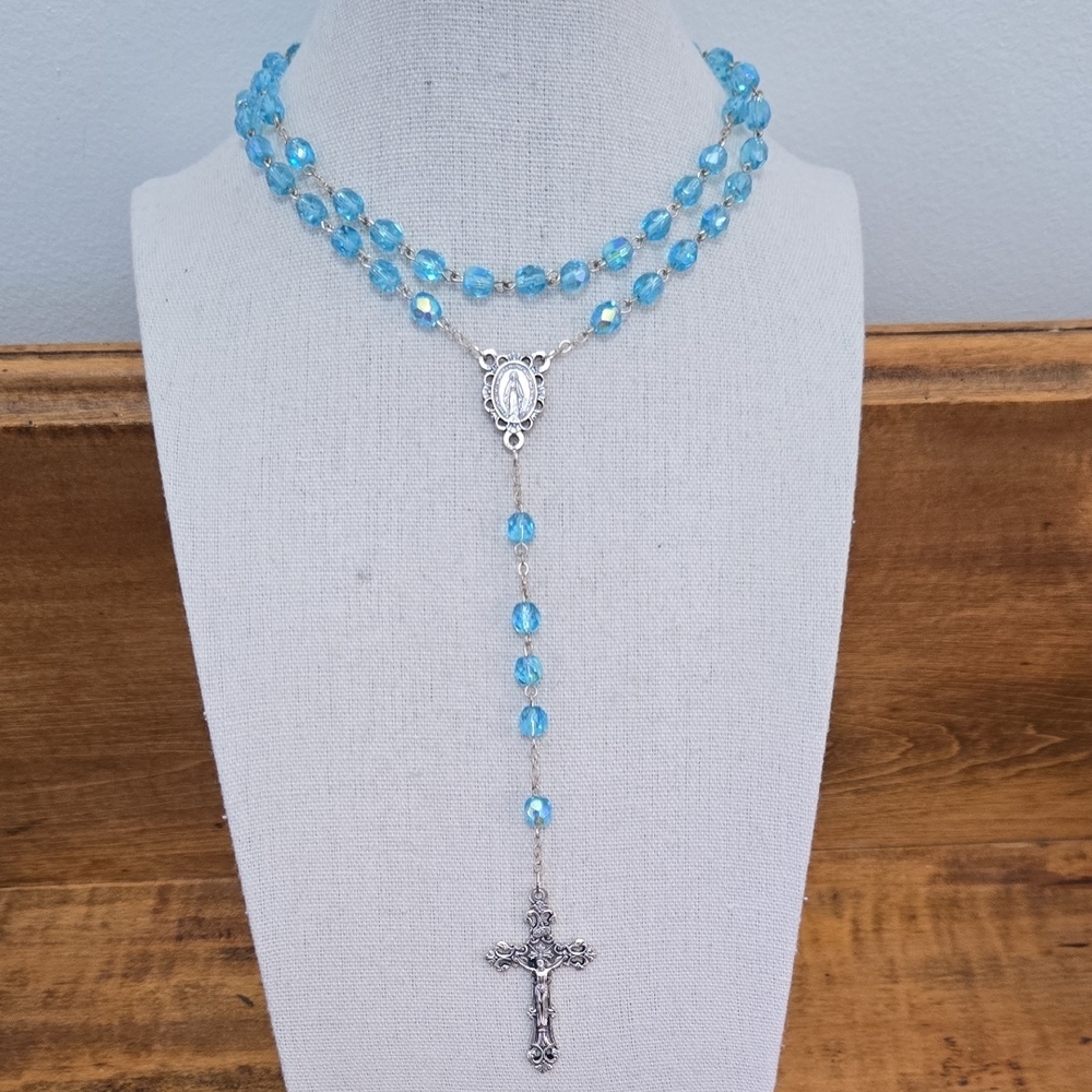 Blue Glass Faceted Bead Rosary Made In Italy